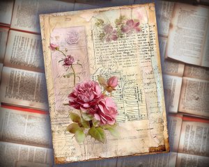 16 papers | Vintage Cottage Cabin House Watercolor Paint Scrapbooking Kit, Magenta Floral Design, Printable Shabby Chic Junk Journal Pages