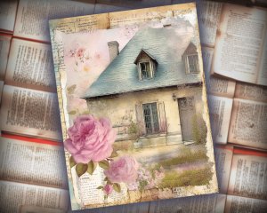 16 papers | Vintage Cottage Cabin House Watercolor Paint Scrapbooking Kit, Magenta Floral Design, Printable Shabby Chic Junk Journal Pages