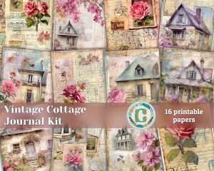 16 papers | Vintage Cottage Cabin House Watercolor Paint Scrapbooking Kit, Magenta Floral Design, Printable Shabby Chic Junk Journal Pages