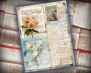 12 papers | Vintage Cottagecore Scrapbooking Kit | French Script & Postal Stamp Designs | Shabby Chic Journaling | Junk Journal Supplies