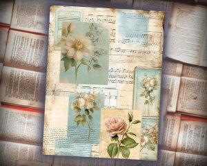 12 papers | Vintage Cottagecore Scrapbooking Kit | French Script & Postal Stamp Designs | Shabby Chic Journaling | Junk Journal Supplies