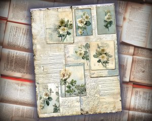 12 papers | Vintage Cottagecore Scrapbooking Kit | French Script & Postal Stamp Designs | Shabby Chic Journaling | Junk Journal Supplies