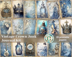 25 Papers | Vintage Crown Scrapbooking Kit, Delicate Pastel Tone Printable Pages, Light Gold Junk Journal, Romantic Nostalgiacore Fairytale