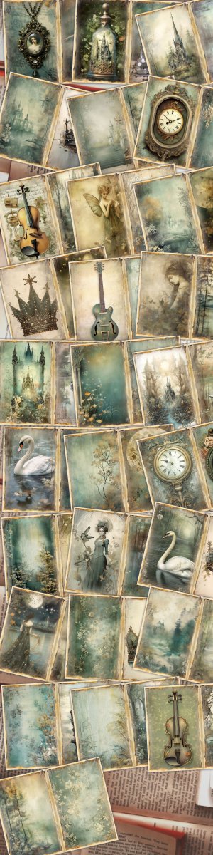 28 papers | Vintage Crown Mixed Media Scrapbooking Kit, Delicate Pastel Junk Journal Printable Pages, Light Gold Romantic Scenery