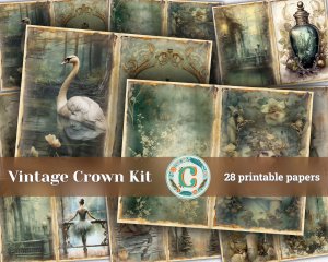 28 papers | Vintage-Inspired Crown Scrapbooking Kit, Printable Shabby Chic Papers, Light Gold Elements, Romantic Fairy Tale Theme