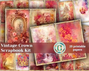 25 Papers | Vintage Crown Mixed Media Scrapbooking Kit, Delicate Pastel Tones Printable Paper, Romantic Scenery Journaling Set