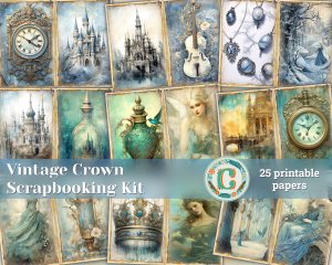 25 Papers | Vintage Crown Inspired Scrapbooking Kit, Retro Junk Journal Printable Pages, Delicate Pastel Tones, Light Gold Elements