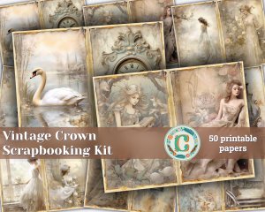 50 papers | Vintage Crown Scrapbooking Kit, Shabby Chic Printable Paper, Junk Journal Pages, Delicate Taupe and Cream Natural Linen