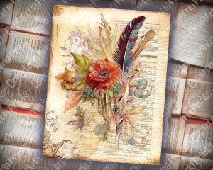 Beautiful Watercolor Vintage Junk Journal Single Page with Feathers - Hyper Detailed Printable Template Paper for Invitations