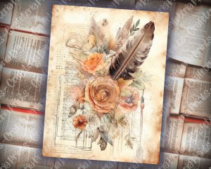 Beautiful Watercolor Vintage Junk Journal Single Page with Feathers - Hyper Detailed Printable Template Paper for Invitations