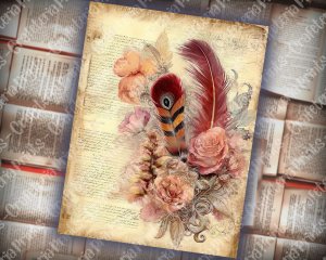 Beautiful Watercolor Vintage Junk Journal Single Page with Feathers - Hyper Detailed Printable Template Paper for Invitations