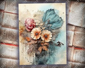 Beautiful Watercolor Vintage Junk Journal Single Page with Feathers - Hyper Detailed Printable Template Paper for Invitations