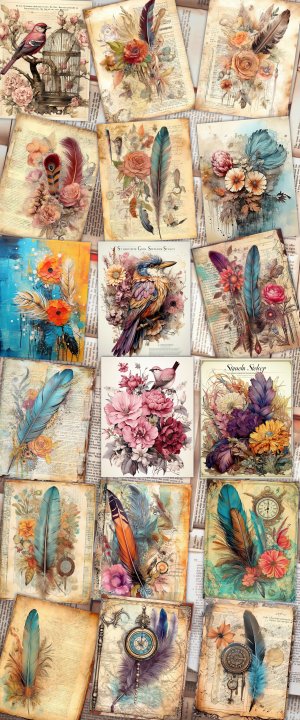 Beautiful Watercolor Vintage Junk Journal Single Page with Feathers - Hyper Detailed Printable Template Paper for Invitations