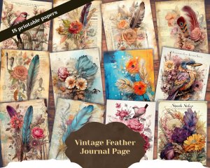 Beautiful Watercolor Vintage Junk Journal Single Page with Feathers - Hyper Detailed Printable Template Paper for Invitations