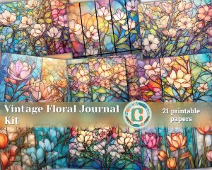 Stained Glass Blooms Junk Journal, Vintage Floral Printable, Digital Paper, Flower Background, Perfect for Scrapbooking, Invitations