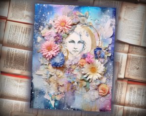 12 papers | Vintage Floral Scrapbooking Kit | Watercolor Blooms, Celestial Moon, Tags, Perfect for Invitations, Digital Planners