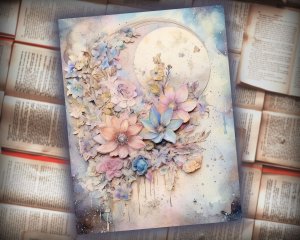 12 papers | Vintage Floral Scrapbooking Kit | Watercolor Blooms, Celestial Moon, Tags, Perfect for Invitations, Digital Planners