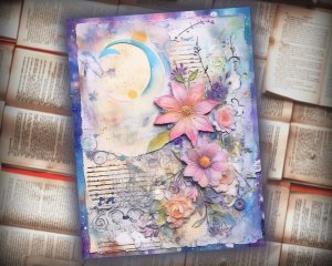 12 papers | Vintage Floral Scrapbooking Kit | Watercolor Blooms, Celestial Moon, Tags, Perfect for Invitations, Digital Planners