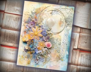 12 papers | Vintage Floral Scrapbooking Kit | Watercolor Blooms, Celestial Moon, Tags, Perfect for Invitations, Digital Planners