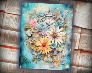 12 papers | Vintage Floral Scrapbooking Kit | Watercolor Blooms, Celestial Moon, Tags, Perfect for Invitations, Digital Planners