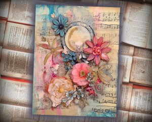 12 papers | Vintage Floral Scrapbooking Kit | Watercolor Blooms, Celestial Moon, Tags, Perfect for Invitations, Digital Planners