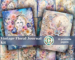 12 papers | Vintage Floral Scrapbooking Kit | Watercolor Blooms, Celestial Moon, Tags, Perfect for Invitations, Digital Planners