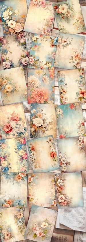 20 Pages of Vintage Flowers Backgrounds - Shabby Chic Ephemera Scrapbooking, Invitations, Digital Planners, Journaling, Junk Journals