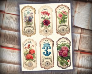 16 Papers | Vintage Floral Labels 1-31 in Old English Font | Scrapbooking Kit | Printable Pages | Shabby Chic Junk Journaling Kit