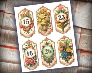 16 Papers | Vintage Floral Labels 1-31 in Old English Font | Scrapbooking Kit | Printable Pages | Shabby Chic Junk Journaling Kit