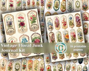 16 Papers | Vintage Floral Labels 1-31 in Old English Font | Scrapbooking Kit | Printable Pages | Shabby Chic Junk Journaling Kit