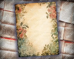 12 papers | Vintage Floral Scrapbooking Papers, Printable Pages with Watercolor Background & Green Leaves | Shabby Chic Junk Journal Kit