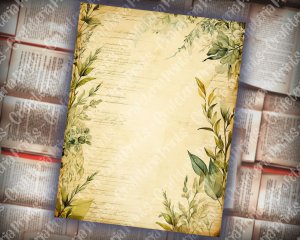 12 papers | Vintage Floral Scrapbooking Papers, Printable Pages with Watercolor Background & Green Leaves | Shabby Chic Junk Journal Kit