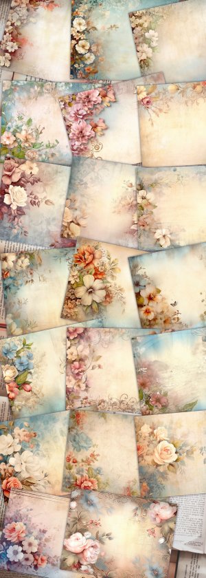 20 Pages of Vintage Flowers Background, Shabby Chic Ephemera Scrapbooking & Invitations, Digital Planners, Journaling - Junk Journals