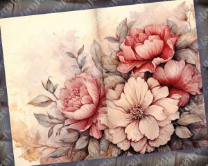 Watercolor Vintage Flowers Scrapbook Pages, Floral Wallpaper Design, Perfect for Invitations, Digital Planners, Journaling, Junk Journals