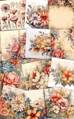 Watercolor Vintage Flowers Scrapbook Pages, Floral Wallpaper Design, Perfect for Invitations, Digital Planners, Journaling, Junk Journals