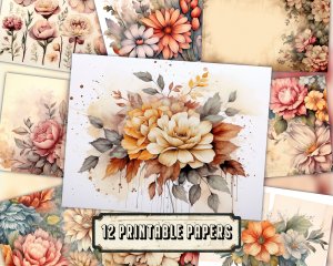 Watercolor Vintage Flowers Scrapbook Pages, Floral Wallpaper Design, Perfect for Invitations, Digital Planners, Journaling, Junk Journals