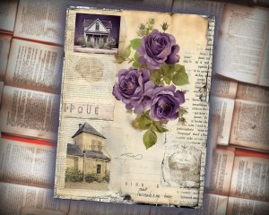 12 papers | Vintage Cottage Floral Scrapbooking Kit | Shabby Chic Junk Journal Printable Pages | French Script & Postal Stamp Designs