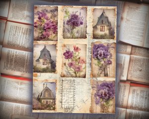 12 papers | Vintage Cottage Floral Scrapbooking Kit | Shabby Chic Junk Journal Printable Pages | French Script & Postal Stamp Designs