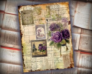 12 papers | Vintage Cottage Floral Scrapbooking Kit | Shabby Chic Junk Journal Printable Pages | French Script & Postal Stamp Designs