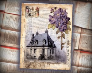 12 papers | Vintage Cottage Floral Scrapbooking Kit | Shabby Chic Junk Journal Printable Pages | French Script & Postal Stamp Designs