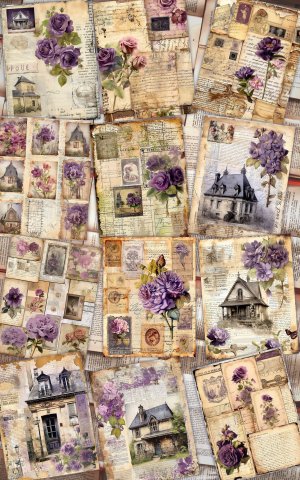 12 papers | Vintage Cottage Floral Scrapbooking Kit | Shabby Chic Junk Journal Printable Pages | French Script & Postal Stamp Designs