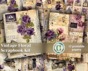 12 papers | Vintage Cottage Floral Scrapbooking Kit | Shabby Chic Junk Journal Printable Pages | French Script & Postal Stamp Designs