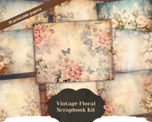 18 pages of Vintage Flowers background, shabby chic ephemera, scrapbooking backgrounds, perfect for invitations, digital planners