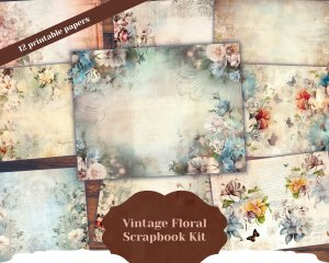 12 pages of Vintage Flowers Background Shabby Chic Ephemera Scrapbooking Kit - Perfect for Invitations, Digital Planners, Journaling