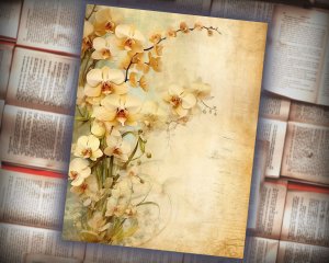 12 papers | Vintage Rustic Soft Ivory and Gold Orchid Floral Scrapbook Paper Kit, High-Res 8K, Shabby Chic Junk Journal Papers