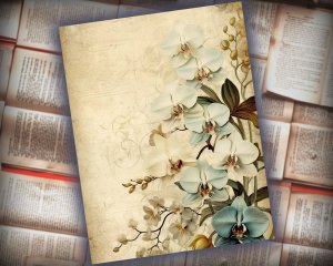 12 papers | Vintage Rustic Soft Ivory and Gold Orchid Floral Scrapbook Paper Kit, High-Res 8K, Shabby Chic Junk Journal Papers