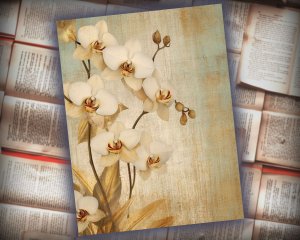 12 papers | Vintage Rustic Soft Ivory and Gold Orchid Floral Scrapbook Paper Kit, High-Res 8K, Shabby Chic Junk Journal Papers