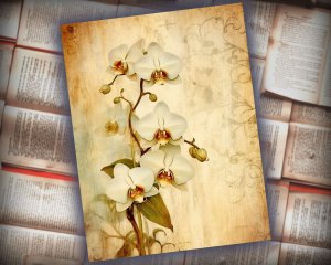 12 papers | Vintage Rustic Soft Ivory and Gold Orchid Floral Scrapbook Paper Kit, High-Res 8K, Shabby Chic Junk Journal Papers