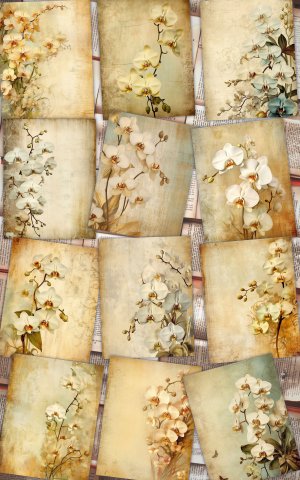 12 papers | Vintage Rustic Soft Ivory and Gold Orchid Floral Scrapbook Paper Kit, High-Res 8K, Shabby Chic Junk Journal Papers