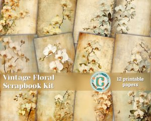 12 papers | Vintage Rustic Soft Ivory and Gold Orchid Floral Scrapbook Paper Kit, High-Res 8K, Shabby Chic Junk Journal Papers